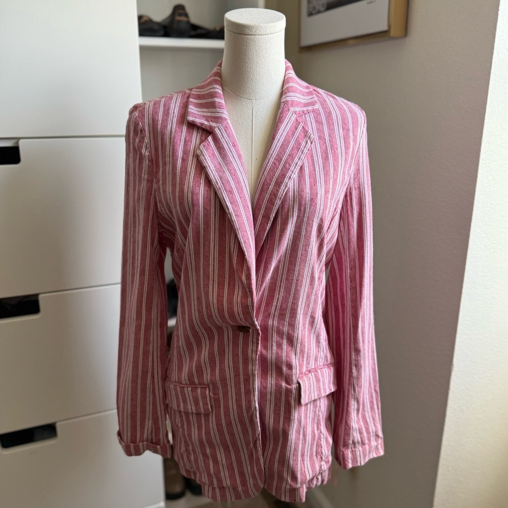 Treasure & Bond Pink Red White Decorative Front Pockets Striped Blazer Size S